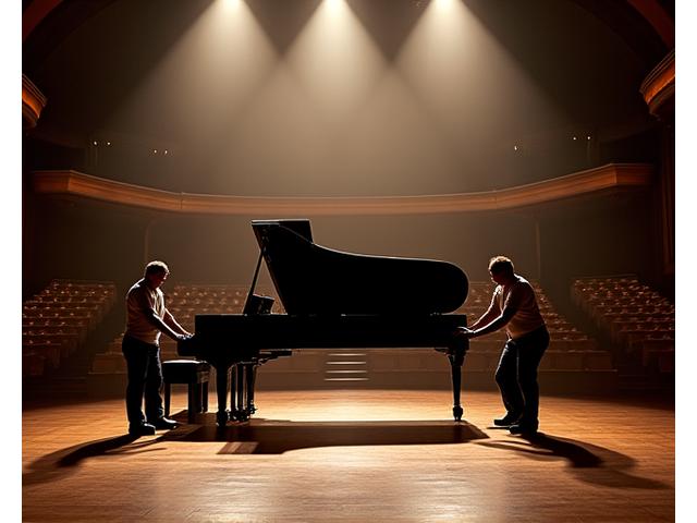 Expedition Express team carefully maneuvering a grand piano onto a concert hall stage.