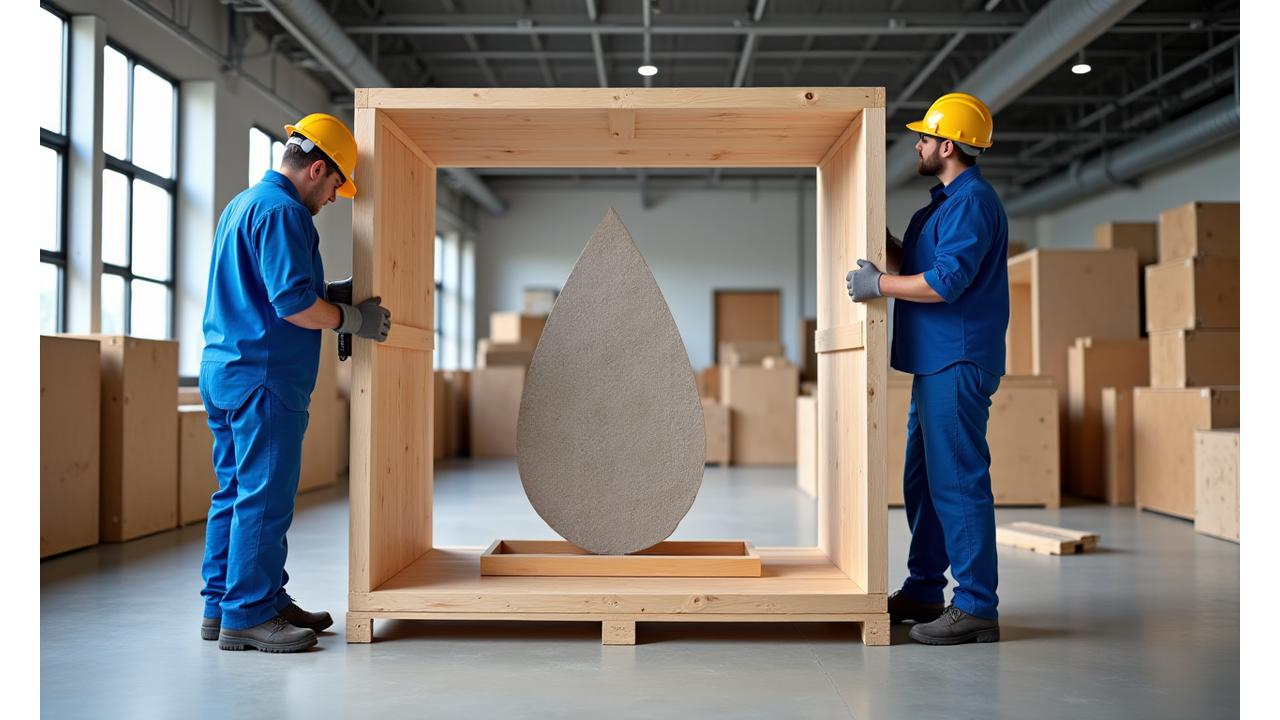 Expedition Express carpenters building a secure, custom wooden crate around a large, irregular-shaped art sculpture on-site.