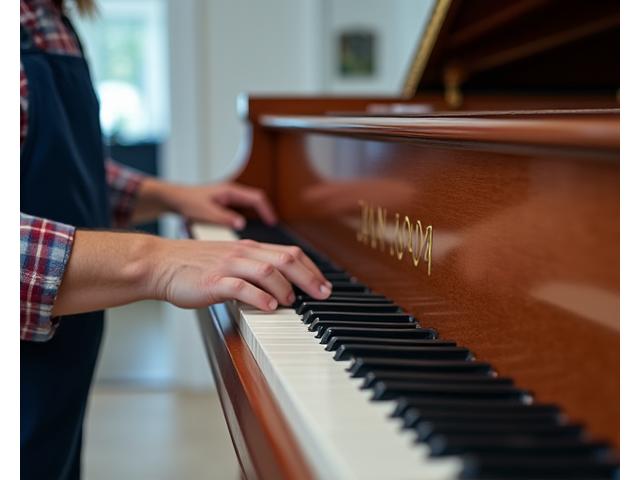 Specialized movers preparing a grand piano for transport, carefully removing legs and wrapping it.
