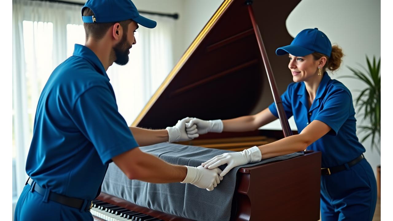 Expedition Express movers carefully blanketing a grand piano for transport, showcasing white-glove service with specialized equipment.