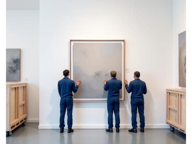 Expedition Express movers carefully installing a large painting in a new museum gallery setting.