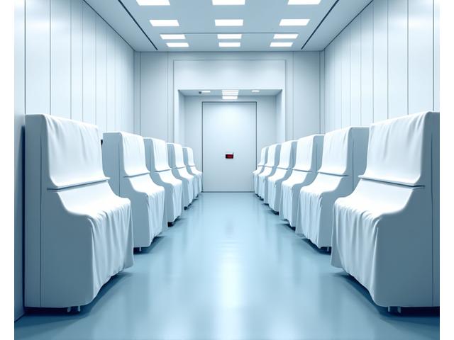 Interior of a climate-controlled storage unit with several pianos securely stored, indicating optimal conditions.