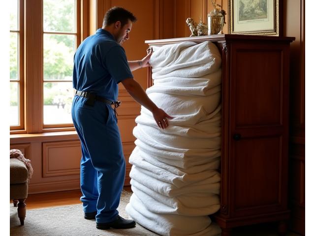 Expedition Express movers expertly wrapping antique wooden furniture in a private residence.