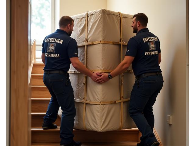 Professional movers using protective padding and straps to secure an upright piano for transport, navigating stairs.