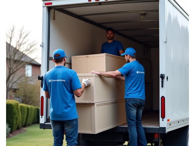 A team of professional movers carefully loading furniture into a moving truck, demonstrating high service standards and efficiency. The scene is well-lit and organized, reflecting professionalism.